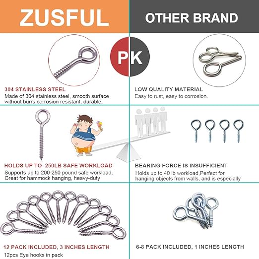 6-Pack 304 Stainless Steel Screw Eyes 3.2", Heavy Duty Screw in Eye Hooks Ring for Yoga, Swing Chair, Indoor & Outdoor, Self Tapping