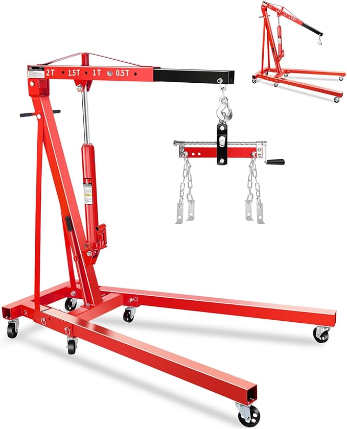 2-Ton Folding Engine Hoist with Lever, Hydraulic Shop Crane with 6 Swivel Wheels & Adjustable Boom (0.5T-2T), Heavy-Duty Cherry Picker for Garage, Workshop, Truck, Farm (Net Wt. 168 lbs)