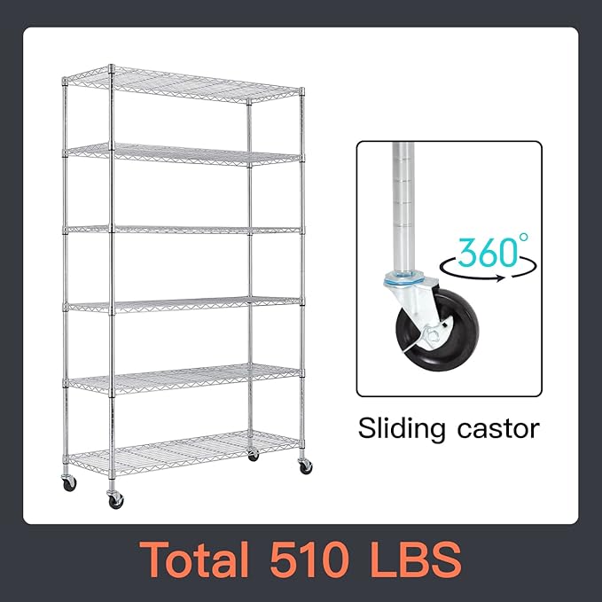 48" D×18" W×82" H Wire Shelving Unit Metal Shelf with 6 Tier Casters Adjustable Layer Rack Strong Steel for Commercial Restaurant Garage Pantry Kitchen Garage，Chrome