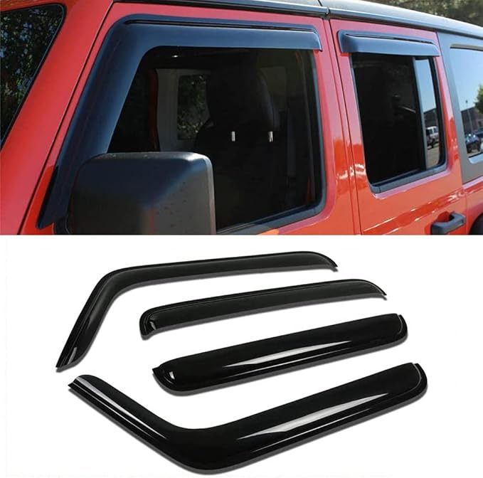 Side Window Visor Vent Deflector Rain Guard,4pcs Outside Mount Tape-on Shatterproof Dark Smoke window shades fit for 2007-2018 Jeep Wrangler 4-Door (JK) 94249