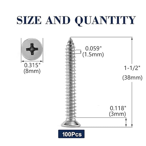 #8 x 1-1/2" Wood Screw 100Pcs 18-8 (304) Stainless Steel Screws Flat Head Phillips Fast Self Tapping Drywall Screws by SG TZH