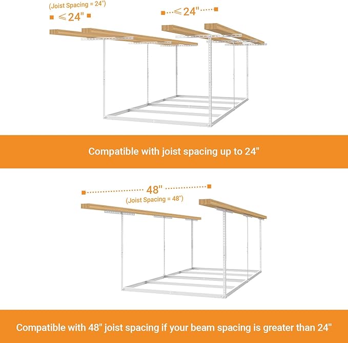 4x8ft Overhead Garage Storage Rack Wooden Decking Not Included, Heavy Duty Metal Rack, Adjustable Ceiling Dropdown, 600lbs Weight Capacity (White)