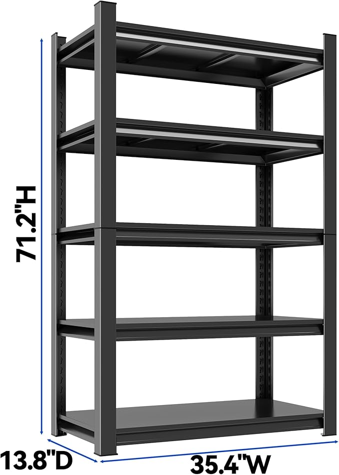 71.2"H Garage Shelving Heavy Duty Rack, 3000 LBS Extra Large Capacity 5 Tier Adjustable Storage Shelves, Metal Industrial Shelf Units for Garage, Basement and Warehouse, 71.2"H×35.4"W×13.8"D, Black