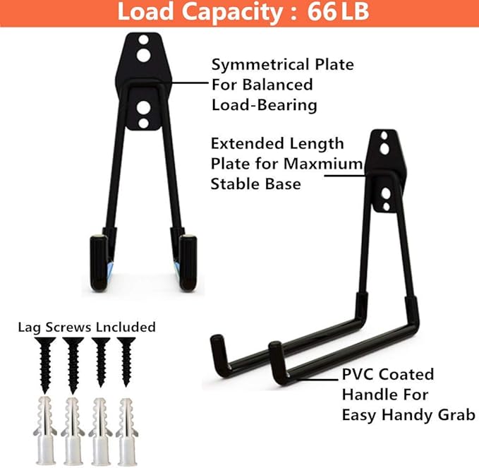 Wall Mount Heavy Duty Double Utility Tools Hooks with Anti-Slip Coating for Garage Storage Organizer Shovels Chair Hose, Pack of 4
