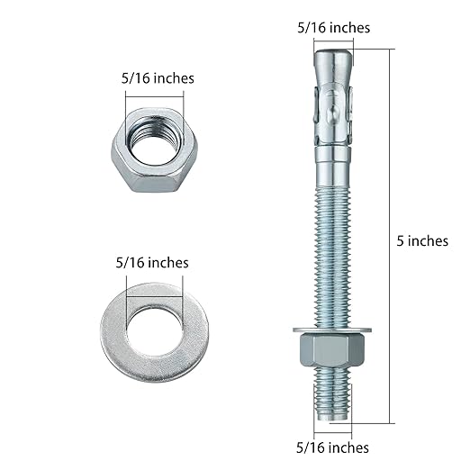 5/16x5" 10Pcs Inch Standard Fasteners for Heavy-Duty Zinc Wedge Anchors for Cement and Concrete