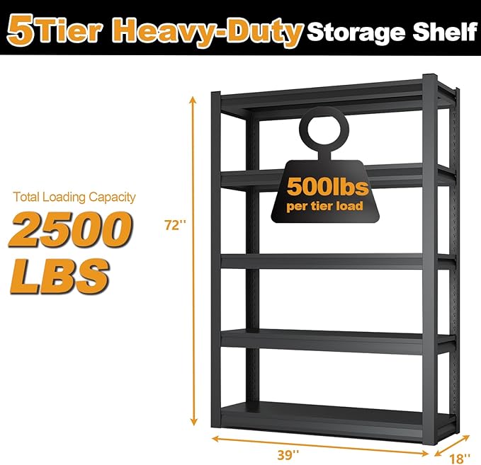 72H Metal Kitchen Storage Shelves, 2500 LBS Heavy Duty Garage Shelving Unit, 5-Tier Adjustable Pantry Shelves, Food and Beverage Storage Rack, Appliance Storage Utility Shelf for Balcony - Black