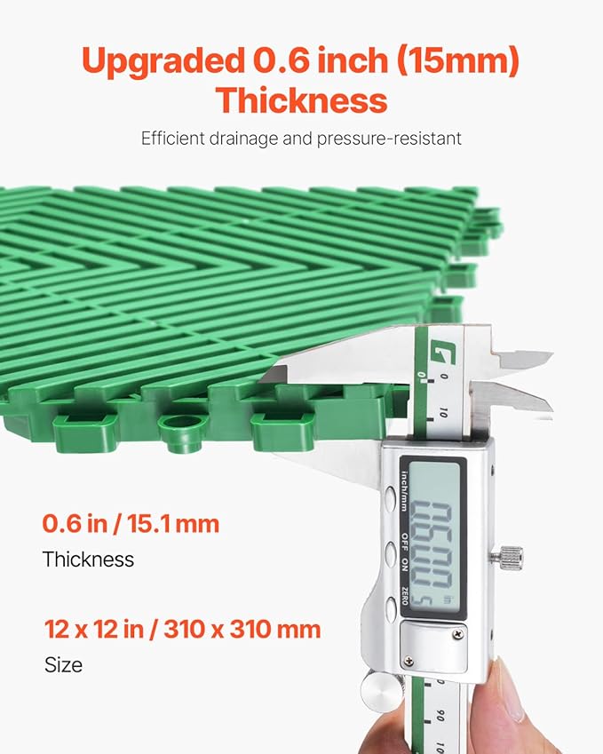 VEVOR Interlocking Drainage Mat, 50 Pcs Modular Interlocking Cushion, 12” x 12” Splicing Drainage Mats, Non-Slip Green PP Drainage Floor Tile and Shower Mat, for Garage, Garden, Kitchen & Outdoor