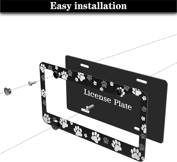 License Plate Covers Black and White License Plate Frames Paw Print Dog Cat Universal Aluminum Car Accessory 2 Pack with Screw Covers Set