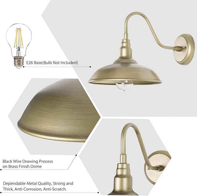 10 Inch Gooseneck Barn Light for Farmhouse, Brass Exterior Barn Style Light Fixture with Wall Mount, Outside Goose Neck Wall Sconce for Front Door Porch Patio Garage