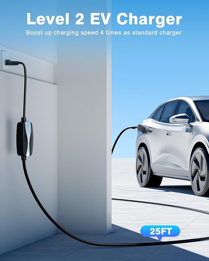 Level 1/2 EV Charger, 16Amp Electric Car Charger 25FT Cable with NEMA 6-20 Plug and NEMA 5-15 Adapter, Home Mobile EV Charging Station for J1772 BEVs/PHEVs 110V-240V(Black)