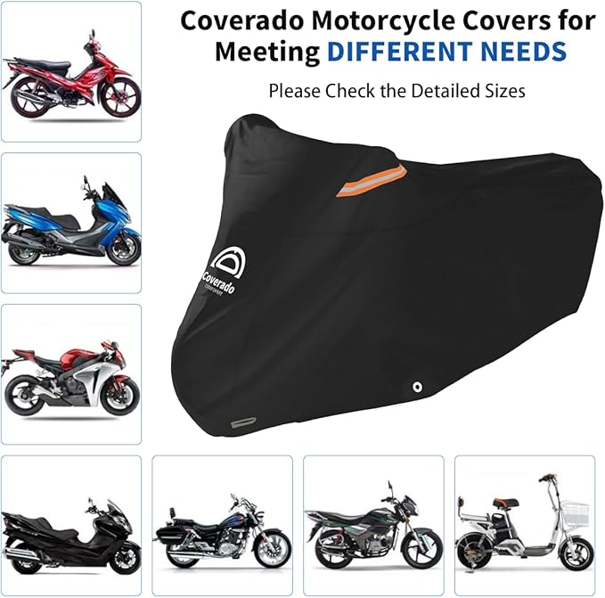 Motorcycle Cover All Season Waterproof Scooter Cover with Lock Holes and Inner Flame Retardant Cloth, Outdoor Motorcycle Cover Sun Rain Uv Protection Motorbike Cover Fits up to 90 inch Length Motors
