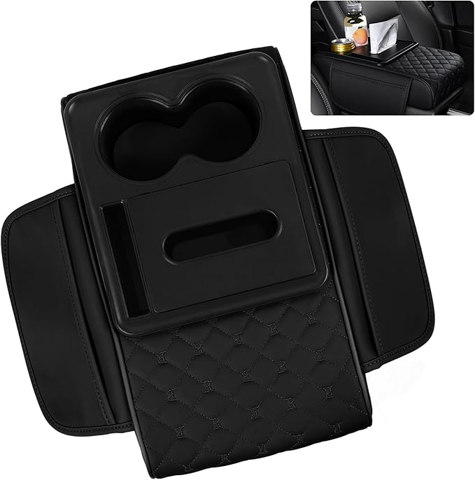5 in 1 Car Armrest Storage Box for Center Console, Armrest Cushion Cover for Car with 2 Cup Holders Storage Bags, Tissue Box, Phone Slot, Premium Memory Foam with Nappa Leather, 14.2*7.9*2.8in (Black)