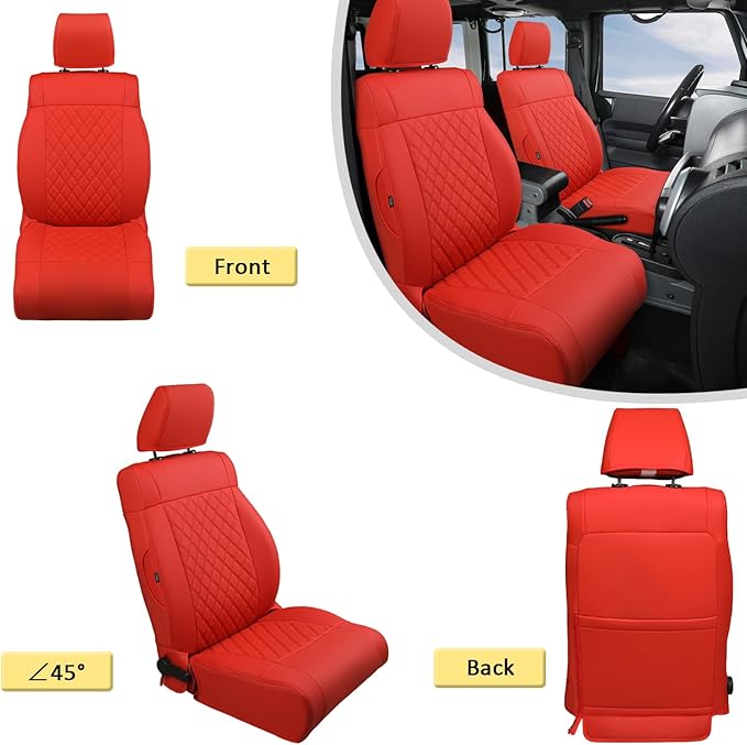 GIANT PANDA Customized Full Set Car Seat Covers for Jeep Wrangler 4 Door JK Unlimited Sahara Sport Rubicon X 2008 2009 2010, Faux Leather - (Red)