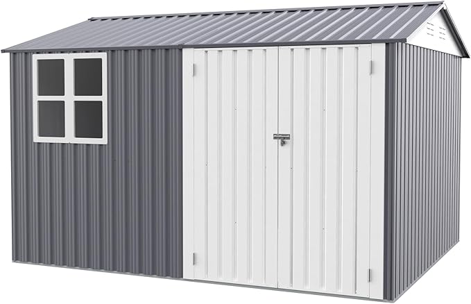 8x10 FT Outdoor Storage Shed, Metal Garden Shed with 4-pane Window, Outside Tool Shed with Lockable Hinged Doors & 4 Air Vents, Waterproof Storage Building for Backyard, Patio, Lawn, White+Gray