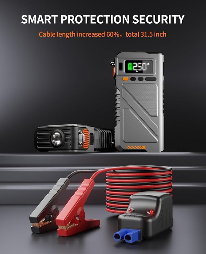 Portable Car Jump Starter with Air Compressor, 8000A Jump Box Combo 150PSI Tire Inflator, 12V Vehicle Jumpstarter Power Pack for All Gas/12L Diesel