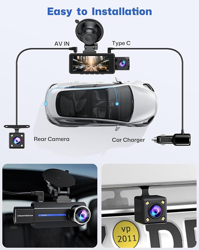 Dash Cam Front and Rear 2.5K/1440P, 3 Channel Dash Camera for Cars Dash Cam Front Rear and Inside with 32GB Card, 3.16" IPS Screen, G-Sensor, Loop Recording, Night Vision, Parking Mode
