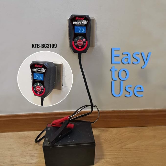 KATBO Battery Charger, 2Amp Battery Maintainer, car Battery Charger 6V 12V, trickle Charger for Car Battery, Motorcycles, Lawn Tractors, Marine AGM, Gel, SLA,Wet