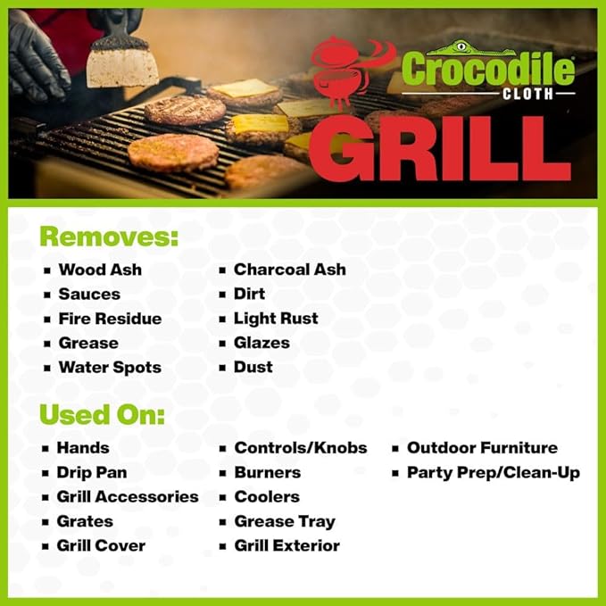 Crocodile Cloth Grill - 8 pack. 640 (15" x 10") Plant-based Cleaning Wipes. Safe on Skin & Multiple Surfaces. Infused with Aloe & Vitamin E. Large, Pre-Moistened & Absorbent.