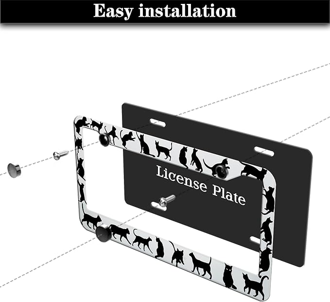 License Plate Frames for Women Black and White License Plate Frame for Men Black Cat Aluminum Metal Car Accessory 2 Pack with Screw Covers Set