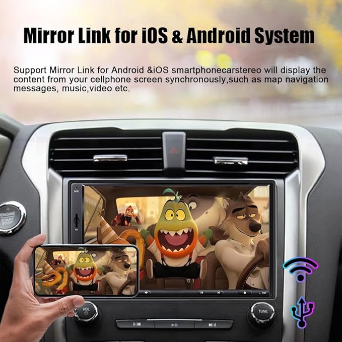 7 Inch Double Din Car Stereo with Wireless Apple Carplay & Android Auto Navi Radio Head Unit with Touch Screen Bluetooth AM/FM Receiver/Mirror Link/Backup Camera/TF/AUX/USB Input