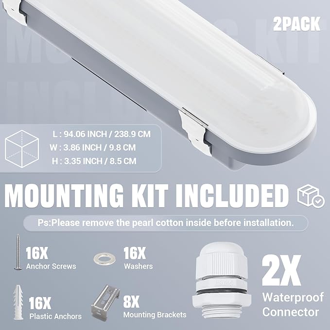 JTT 8FT LED Vapor Tight Light 120/100/80W,5000K/4000K/3000K Vapor Proof Lighting Fixture IP66, 18000LM LED Outdoor Shop Light Waterproof for Parking Garage Car Wash Warehouse Barn ETL Listed-2Pack