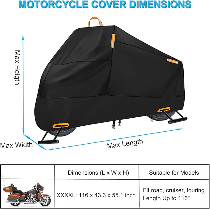 Motorcycle Cover Waterproof Outdoor, 300D Heavy Duty Motorcycle Cover for Harley Davidson Electra Glide Ultra Limited CVO Road Street Glide Honda Gold Wing Protection Fits up to 116" - Black