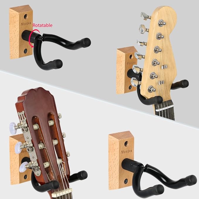 Guitar Wall Mount Hanger, 4-Pack Real Hardwood Guitar Hanger for Wall, Guitar Hook Holder Stand for Bass Electric Acoustic Guitar Ukulele (Beech Wood)