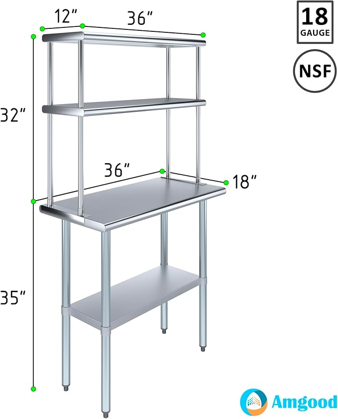 Amgood Stainless Steel Work Table Double Tier Overshelf | Metal Kitchen Prep Table & Shelving Combo (18" x 36" Work Table + 12" Overshelf)