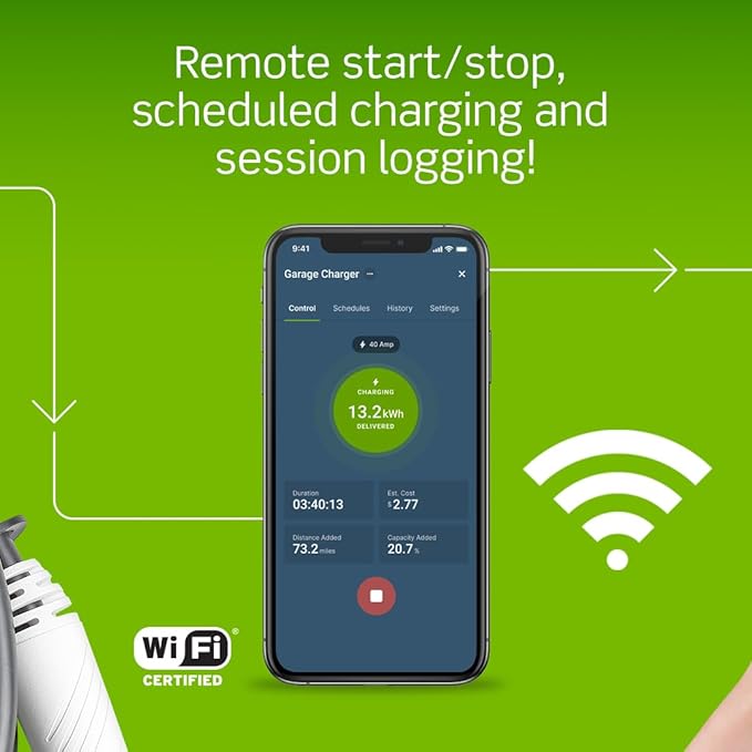 Leviton Level 2 Smart EV Charger with Wi-Fi, 40 Amp, 9.6kW Output, 25' Cable, NEMA 14-50P, Indoor/Outdoor Plug-In EV Charging Station, My Leviton Compatibility, EV40P EVSE
