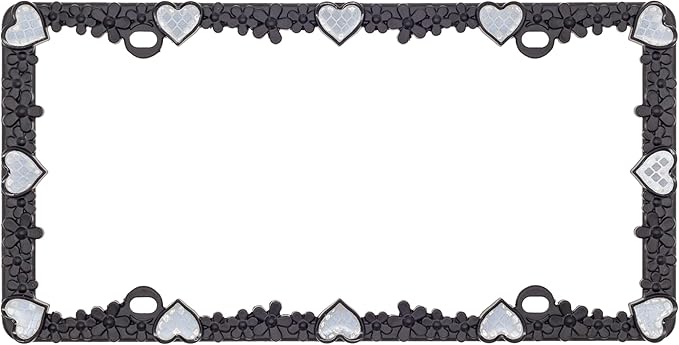 Creathome 3D Daisy Heart License Plate Frame from Pure Zinc Alloy Metal Perfect Plate Holder, Matt Black Daisy with Silver Reflective Heart