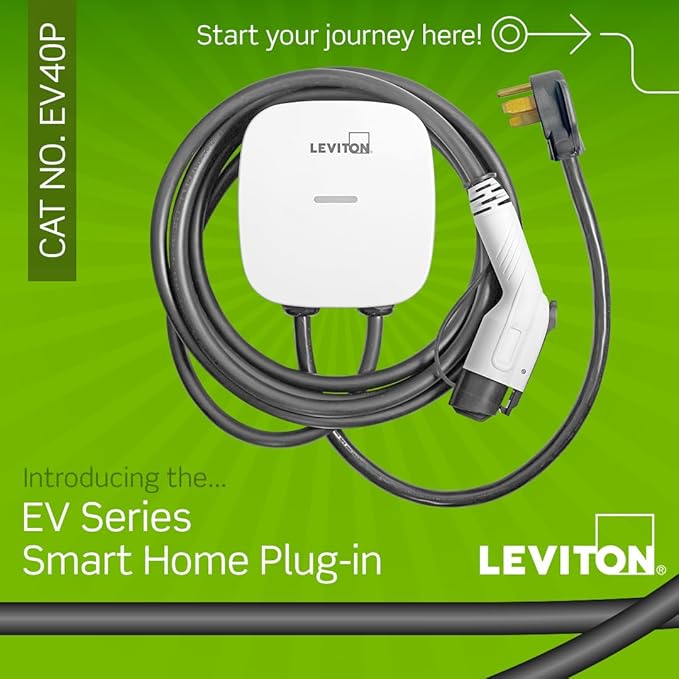 Leviton Level 2 Smart EV Charger with Wi-Fi, 40 Amp, 9.6kW Output, 25' Cable, NEMA 14-50P, Indoor/Outdoor Plug-In EV Charging Station, My Leviton Compatibility, EV40P EVSE