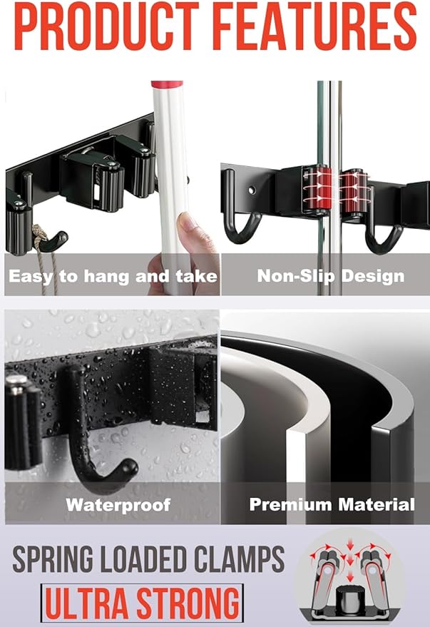 2 Pack Mop and Broom Holder Wall Mount, Upgraded Broom Hanger Wall Mount, Stainless Steel Broom Organizer for Closet Garage Laundry Room Kitchen Wall Decor Black 5R4H