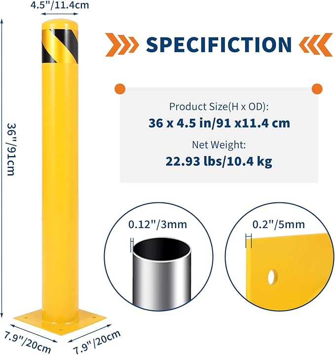 4.5x36 Inch Safety Bollard Post - Yellow Steel Bollard with Anchor Bolts (6-Pack) for Parking Lots, Walkways & Traffic Areas