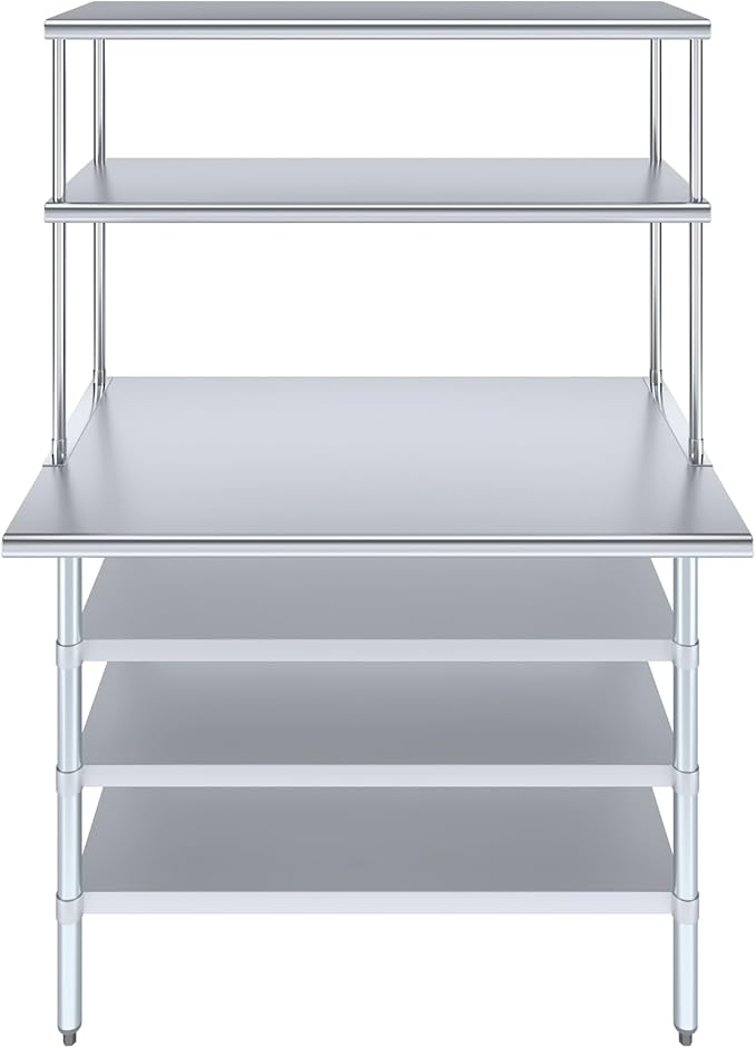 Amgood 30" x 48" Stainless Steel Work Table with 3 Shelves and 18" Wide Double Tier Overshelf | Metal Kitchen Prep Table & Shelving Combo | NSF