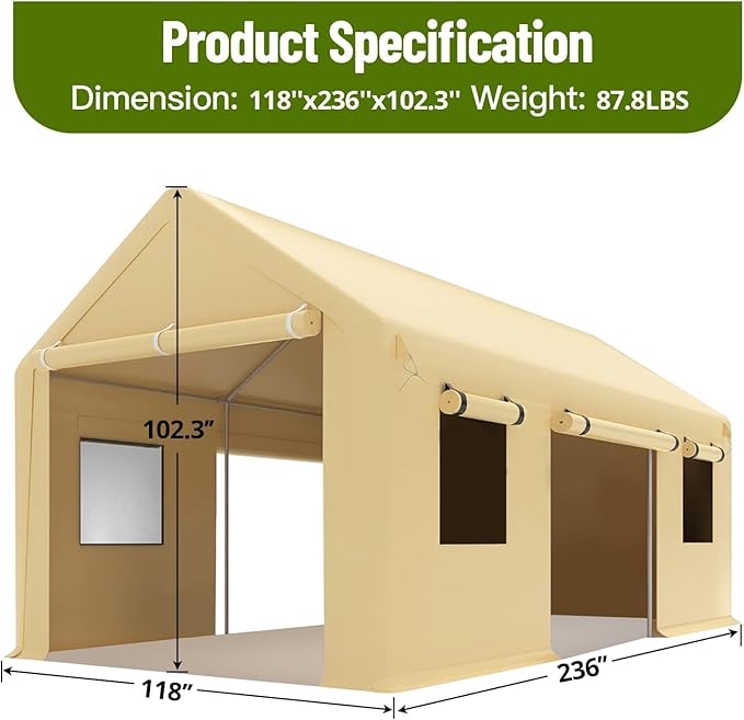 10x20 Ft. Metal Carport Garage with PE Fabric and Galvanized Steel Frame Outdoor Shelter for Cars, Trucks and Boats with 4 Doors and Mesh Windows for Ventilation - Yellow