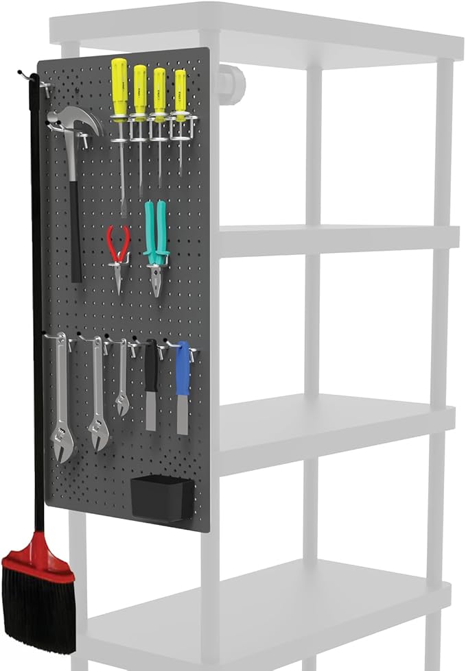 Ramtuff Universal PegBoard Kit for Plastic Shelving- Garage Storage Organizer with 14 Pegboard Accessories - Easy to Install