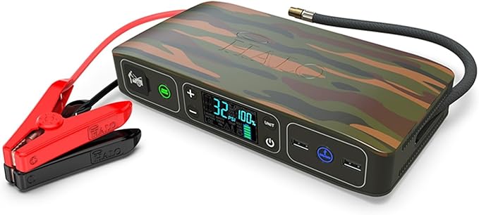 HALO Bolt Air 58830 Portable Car Battery Jump Starter | 100 PSI Air Compressor, 58.8Wh USB Power Bank, Emergency Floodlight & Charger, Jumps Cars SUVs & Trucks, Inflates Tires, TSA Approved — Camo