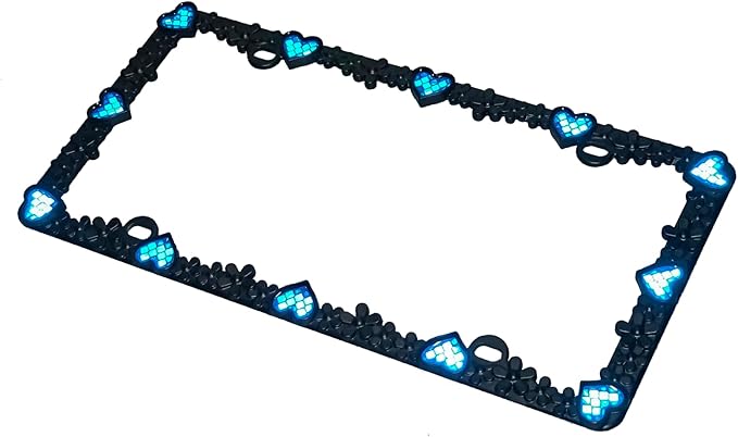 Creathome 3D Daisy Heart License Plate Frame from Pure Zinc Alloy Metal Perfect Plate Holder, Matt Black Daisy with Blue Reflective Heart