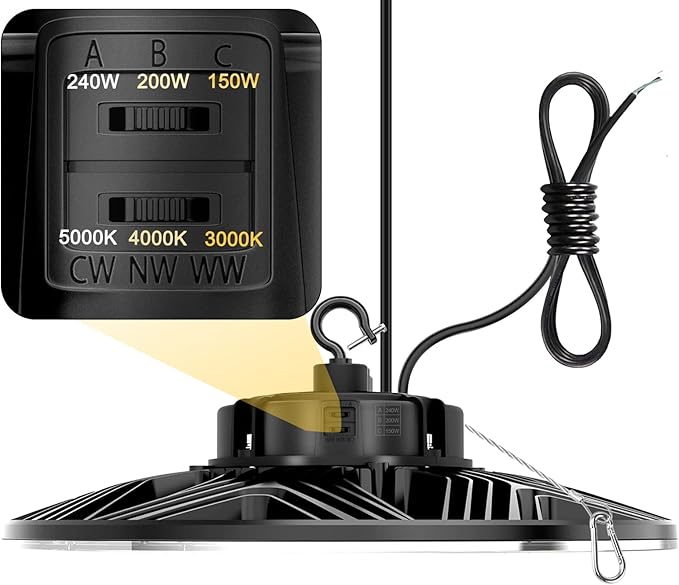 UFO LED High Bay Light, 240W/200W/150W Adjustable, UL & DLC Listed 5000K/4000K/3000K Adjustable, 33600LM 0-10V Dimmable IP65 Waterproof High Bay Lights AC100-277V for Warehouse Factory