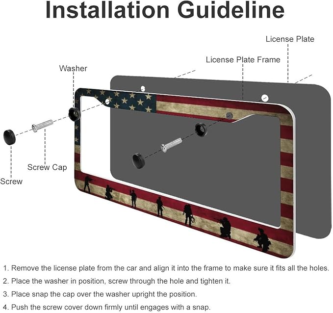 American Flag License Plate Frames - 2 Pcs Set 2 Holes Metal Aluminum Auto Car Accessories Decoration License Plate Frame 12.2 x 6.3 inch for Women Men Gift
