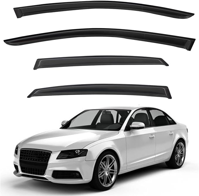 4pcs Front+Rear Smoke Tint Sun/Rain Guard Outside Mount Tape-On Vent Window Visors Compatible with 09-16 B8 A4/A4 Quattro/S4 4-Door Sedan