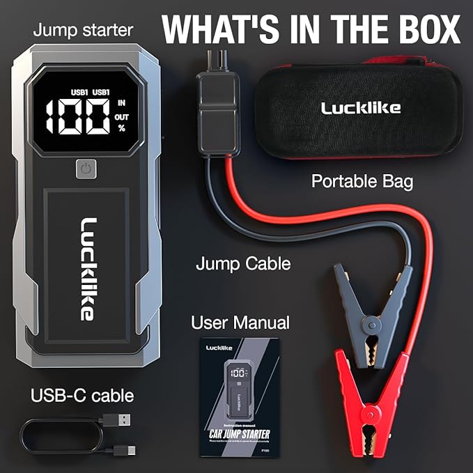 Lucklike Car Battery Jump Starter Portable, Jump Starter Battery Pack for 8.0L Gas/7.0L Diesel Engines,12V Jump Box with Portable Charger Power Bank, 3 Modes Emergency Light and Jumper Cable