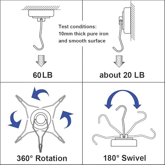 DIYMAG Swivel Swing Magnetic Hooks,Strong Heavy Duty Neodymium Magnet Hooks - Great for Your Refrigerator and Other Magnetic Surfaces - Pack of 6