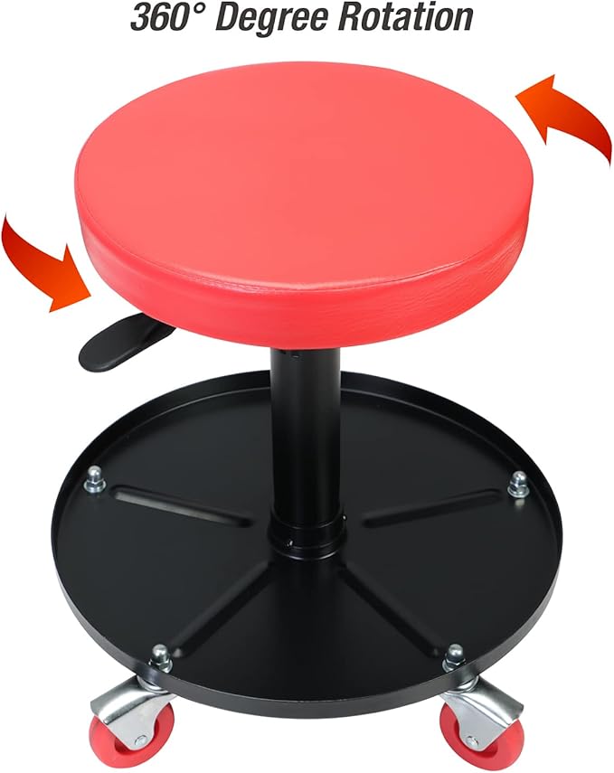 BIG RED ATRHL6201R Torin Heavy Duty Rolling Pneumatic Creeper Garage/Shop Seat: Padded Adjustable Mechanic Stool with Tool Tray Storage, Red Large,15.36" D x 15.36" W x 4.73" H