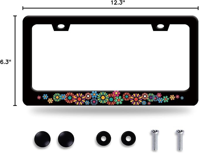Colorful Hippie Flowers License Plate Frame Beautiful Floral License Plate Frames Stainless Steel Accessories Cars Decor with 2 Holes and Screws Fits Standard US CA Vehicles Size 12.2 x 6 Inches
