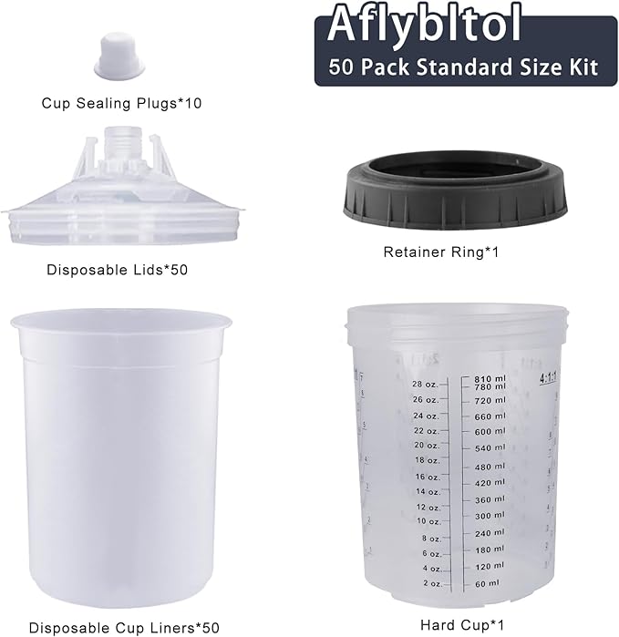 Disposable Paint Sprayer Mixing Cup for Automotive Paint Gun, HVLP Paint Spray Paint Gun 6 Ounce (160ml) Kit with 50 Cups and Lids System, 1 Hard Cup with Retainer Ring and 10 Plugs