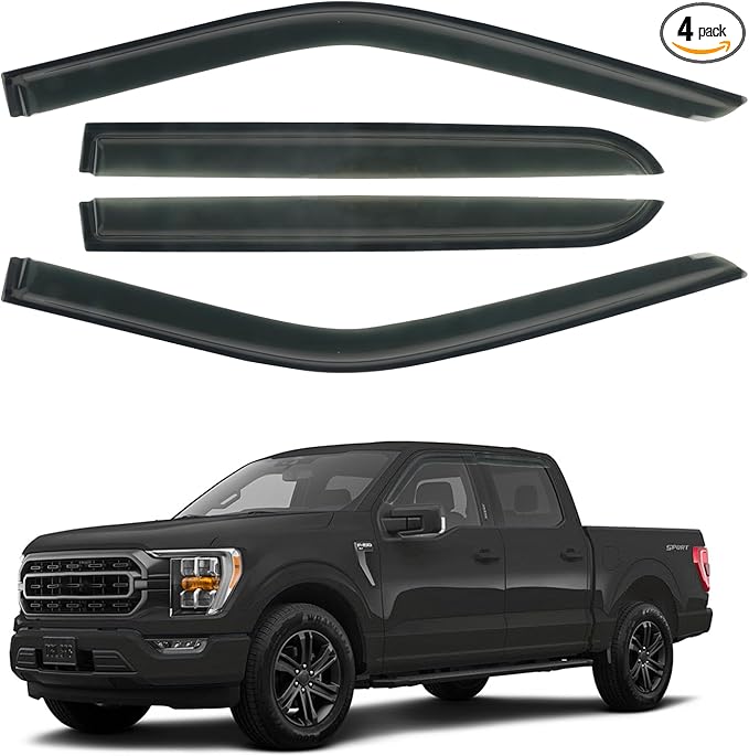 Outside Mount Window Visors Rain Guards Fit for 2015-2024 Ford F150 SuperCrew, Fit for 2017-2024 F150 Raptor F250 F350 F450 F550 Super Duty Crew Cab, Side Wind Deflectors Vent Shade