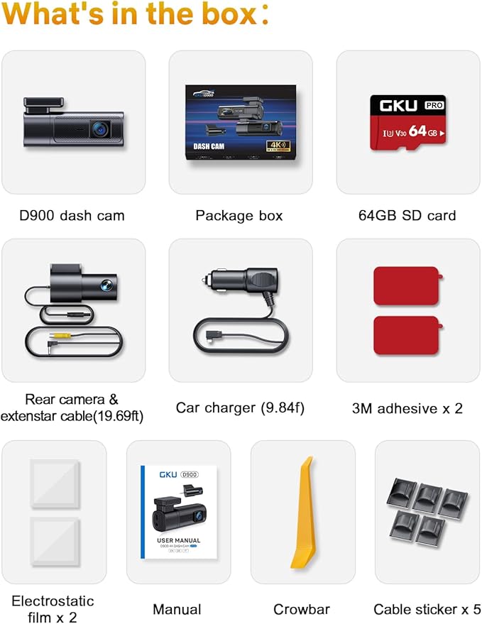 GKU Dash Cam Front and Rear, 4K 60fps＋2.5K Dashcam,STARVIS Sensor, HDR, 5G WiFi GPS, 24H Parking Mode, Night Vision, 170°Wide Angle, Dash Camera for Cars with 1.47 Display, 64G SDcard (Black)