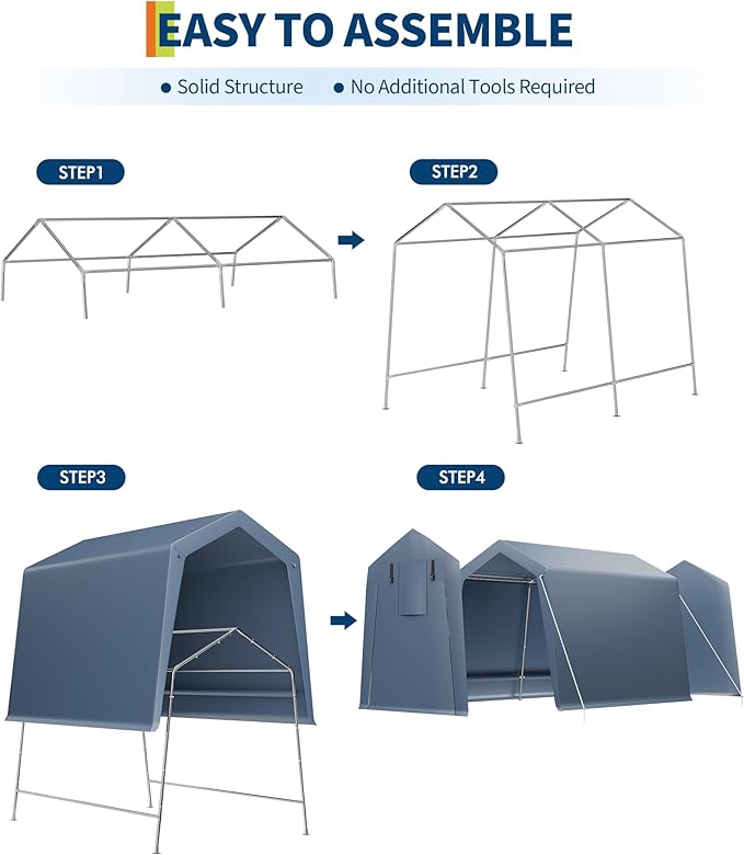 7*12F Outdoor Storage Shed with Floor, Heavy Duty Waterproof PE Tarp, Portable Metal Carport Garage Tent, 2 Roll-Up Doors & Vents, for Motorcycle and Bike Storage, Garden Tool Shed, Small Outdoor Shed