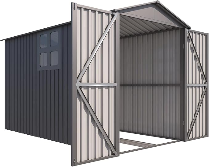 Motorcycle Steel Storage Shed with Window & Tracks,Outdoor Weather-Resistant Storage Box for Bikes, Tools, Sports Equipment,Easy Assembly, 121" W Gray